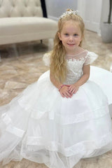 White Little Flower Girl Dress Puff Sleeve Sequin Round Neck