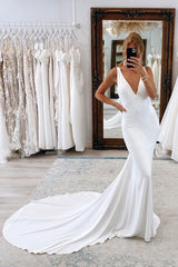 White Soft Satin V Neck Minimalist Wedding Dresses Pearls Mermaid Backless