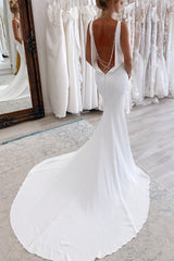 White Soft Satin V Neck Minimalist Wedding Dresses Pearls Mermaid Backless
