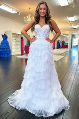 White Tiered Prom Dress Lace Beaded Ruffle Long Gown Slit