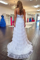 White Tiered Prom Dress Lace Beaded Ruffle Long Gown Slit