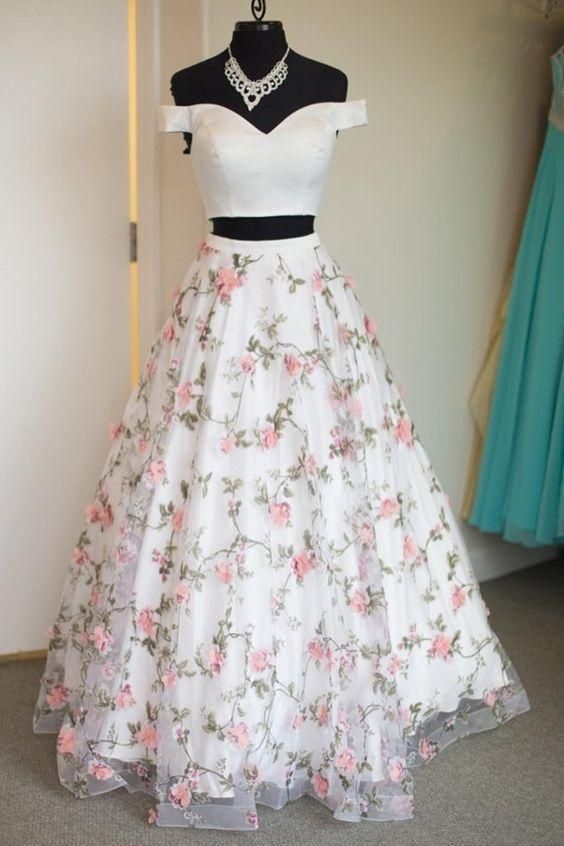 White Two Piece Print Floral Prom Dresses - MyChicDress