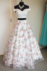 White Two Piece Print Floral Prom Dresses