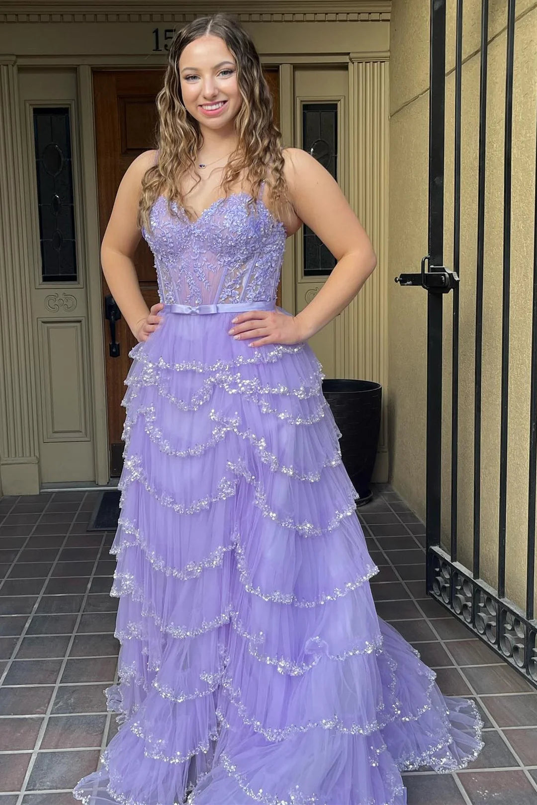 White Tiered Prom Dress Lace Beaded Ruffle Long Gown Slit