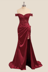 Wine Red Lace Formal Gown Off the Shoulder Breaded Mermaid Dress