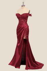 Wine Red Lace Formal Gown Off the Shoulder Breaded Mermaid Dress