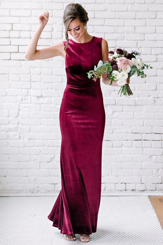 Winter Burgundy Sleeveless Velvet Formal Wedding Guest Dresses Long - MyChicDress