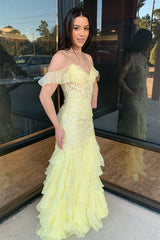 Yellow Prom Dresses Ruffles Lace Appliques Long Dress Cold Shoulder