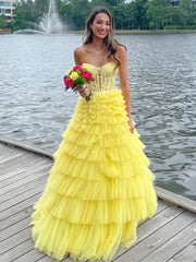 Yellow Tiered Lace Prom Dress Sweeheart A Line Tulle Formal Gown