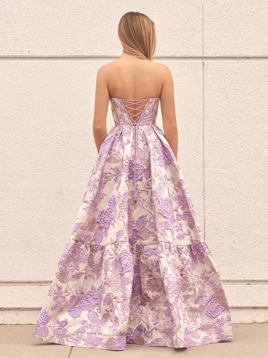 A-Line Lavender Floral Prom Dresses Printed Long Evening Gown SStrapless Mychicdress