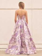 A-Line Lavender Floral Prom Dresses Printed Long Evening Gown SStrapless Mychicdress