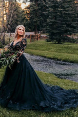 A-line Black Lace Wedding Dresses With Sleeves V-neck Mychicdress