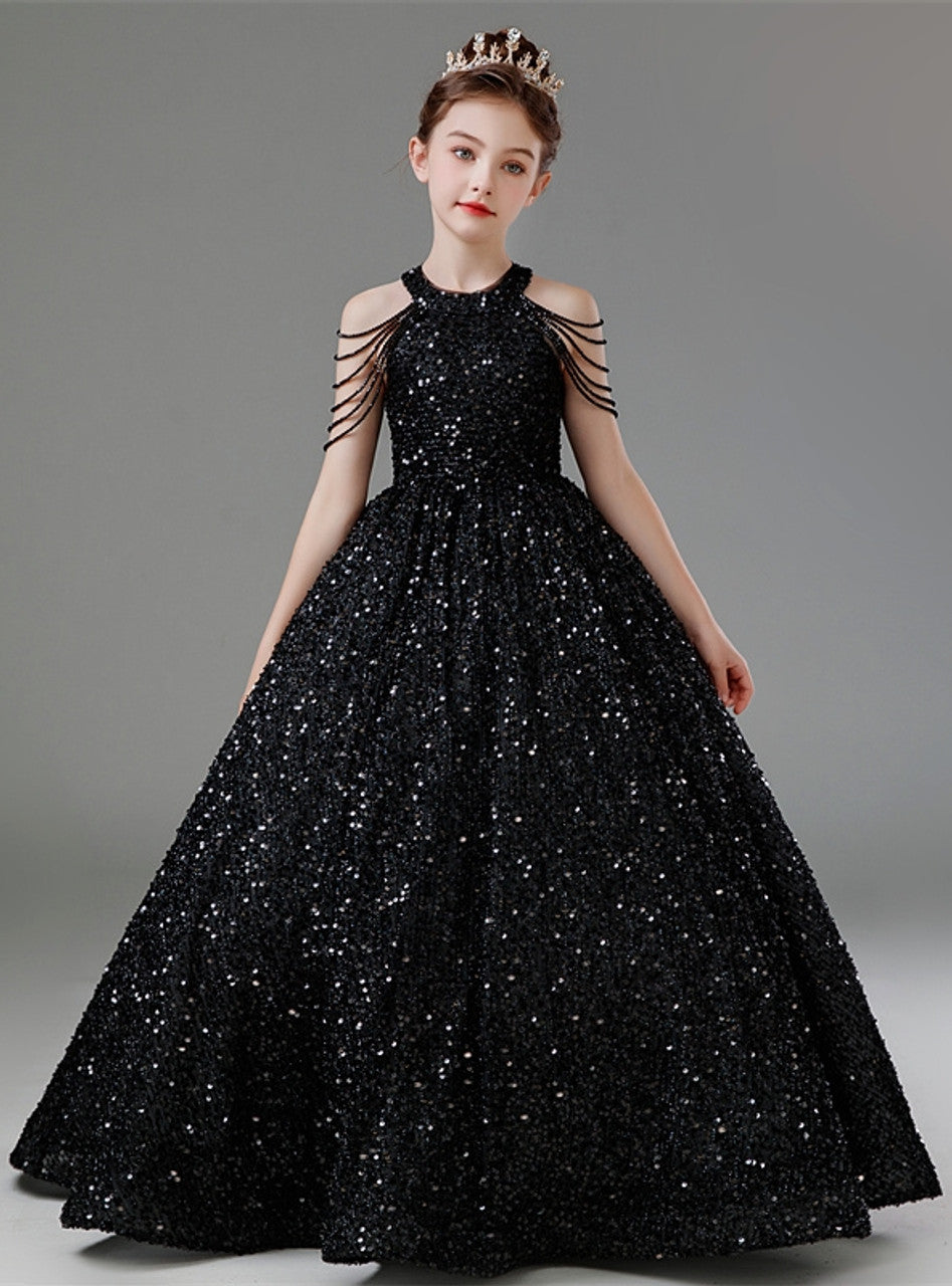 A-Line Black Sequin Flower Girl Dress Halter Beading