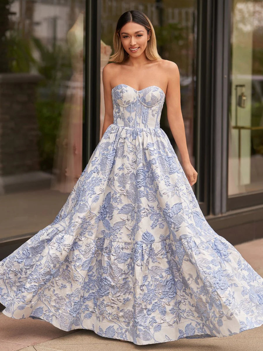 A-Line Blue Floral Prom Dresses Printed Long Evening Gown SStrapless Mychicdress