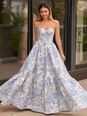 A-Line Blue Floral Prom Dresses Printed Long Evening Gown SStrapless Mychicdress