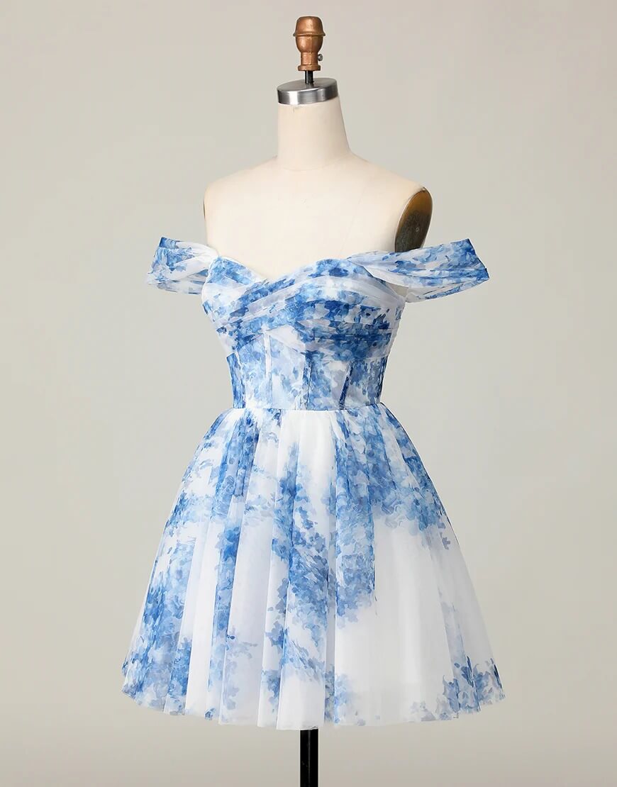 A Line Corset Blue Floral Homecoming Dress Off Shoulder Printed Party Dress