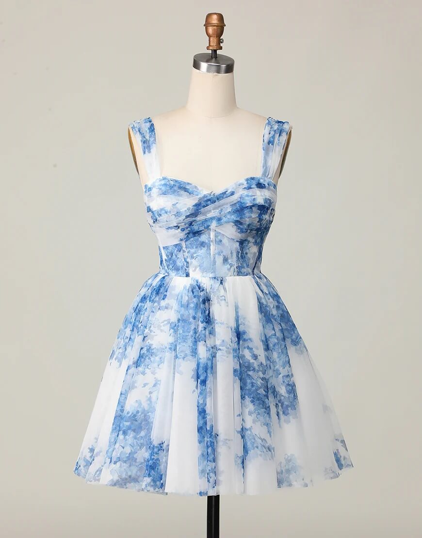 A Line Corset Blue Floral Homecoming Dress Off Shoulder Printed Party Dress
