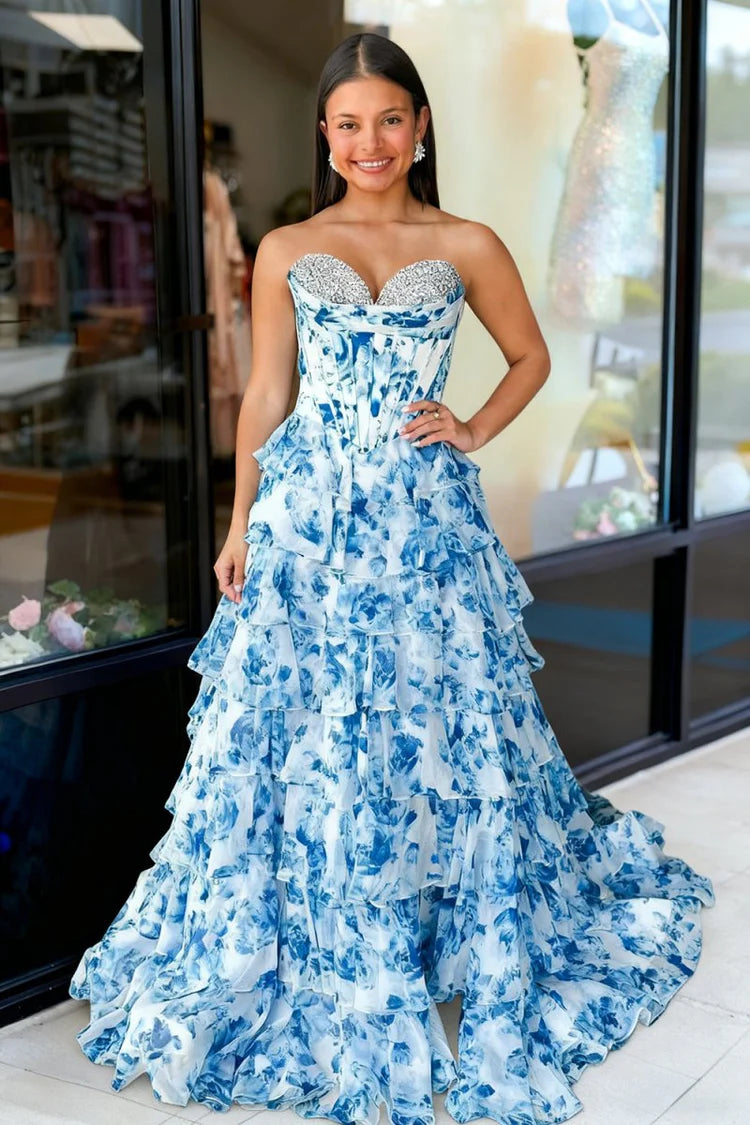 A-Line Floral Prom blue Dresses Strapless Chiffon Ruffled Beaded