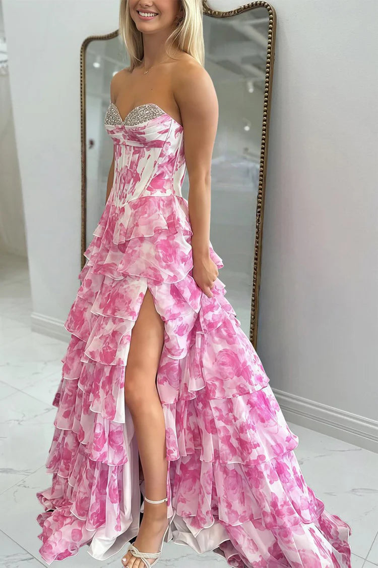 A-Line Floral Prom Pink Dresses Strapless Chiffon Ruffled Beaded