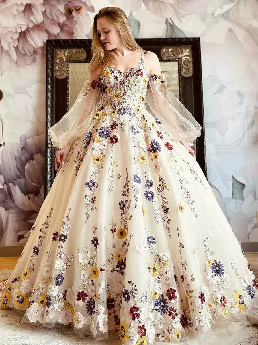 A Line Florals Champagne Wedding Dress 3D Flower Puffy Sleeve Mychicdress
