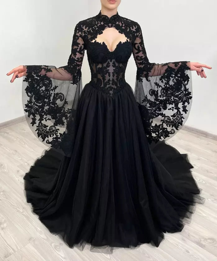 A-Line Gothic Wedding Dress with Sleeves Black Lace Jacket Mychicdress