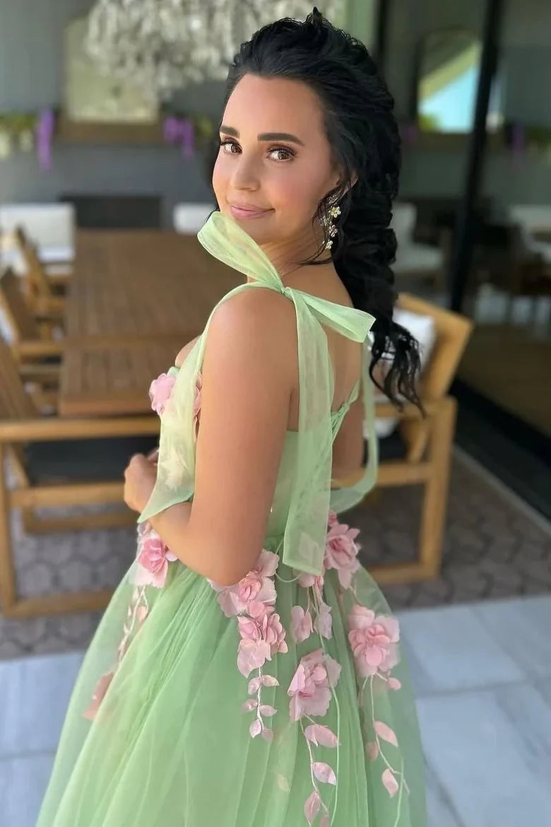 A-Line Green Floral Formal Dress for Wedding Guests Tulle Sweetheart