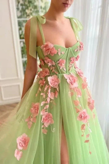 A-Line Green Floral Formal Dress for Wedding Guests Tulle Sweetheart