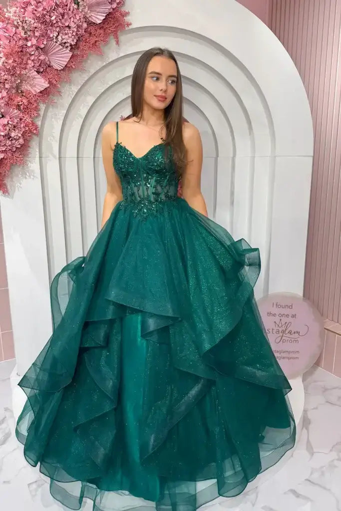 A Line Green Prom Dress Lace Long Evening Dress V Neck