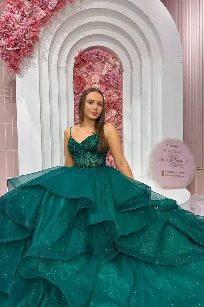 A Line Green Evening Dress V Neck