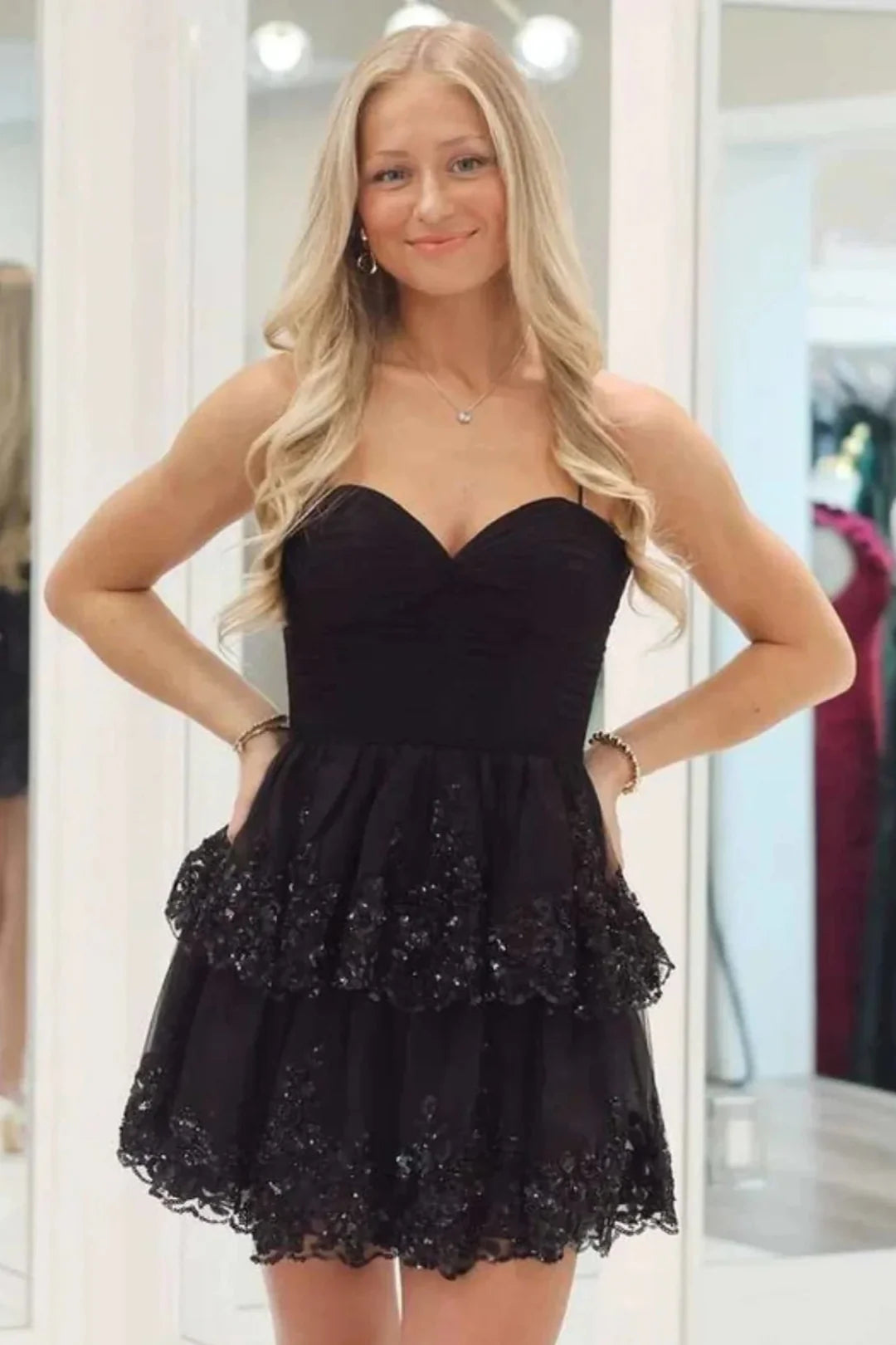 A-Line Lace Black Short Homecoming Dress Sweetheart Spaghetti Straps Mychicdress
