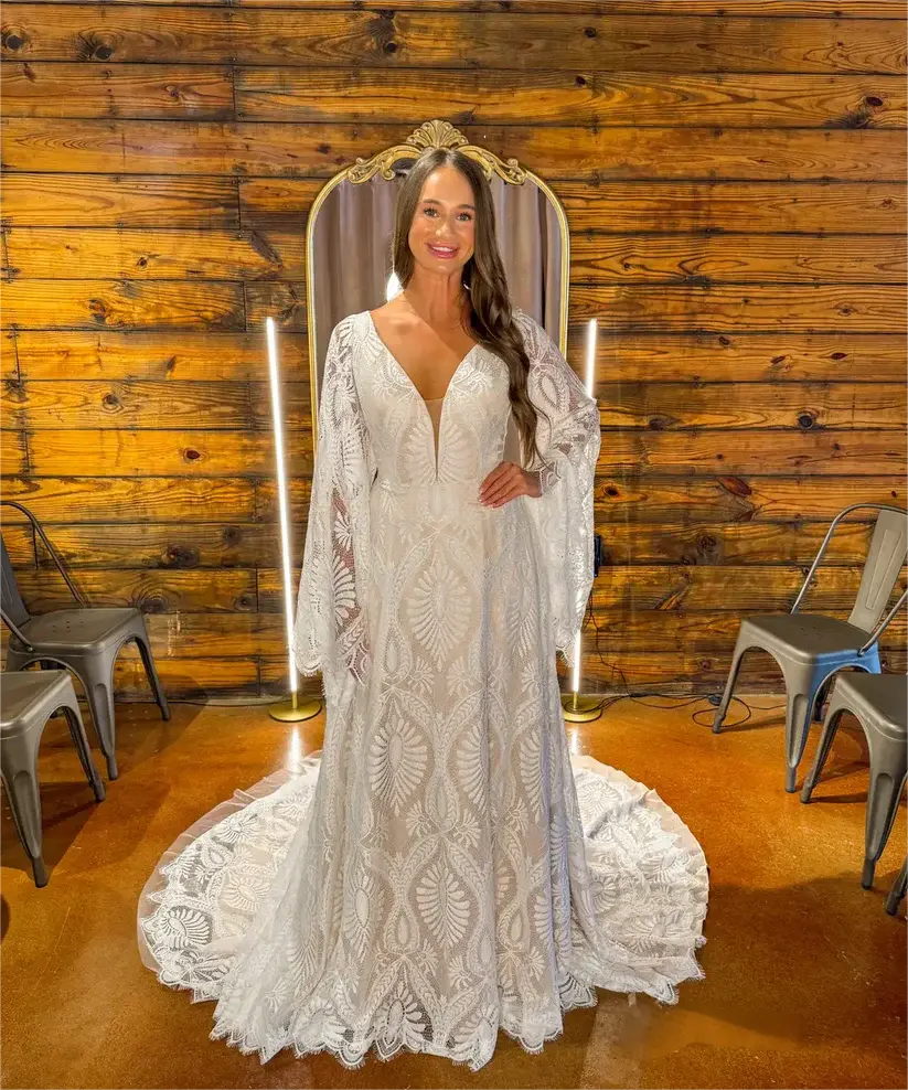 A-Line Lace Boho Wedding Dress with Sleeves Plunging V-Neck Mychicdress