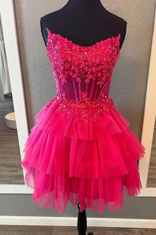 A-Line Lace Strapless Tiered Homecoming Dress Appliques