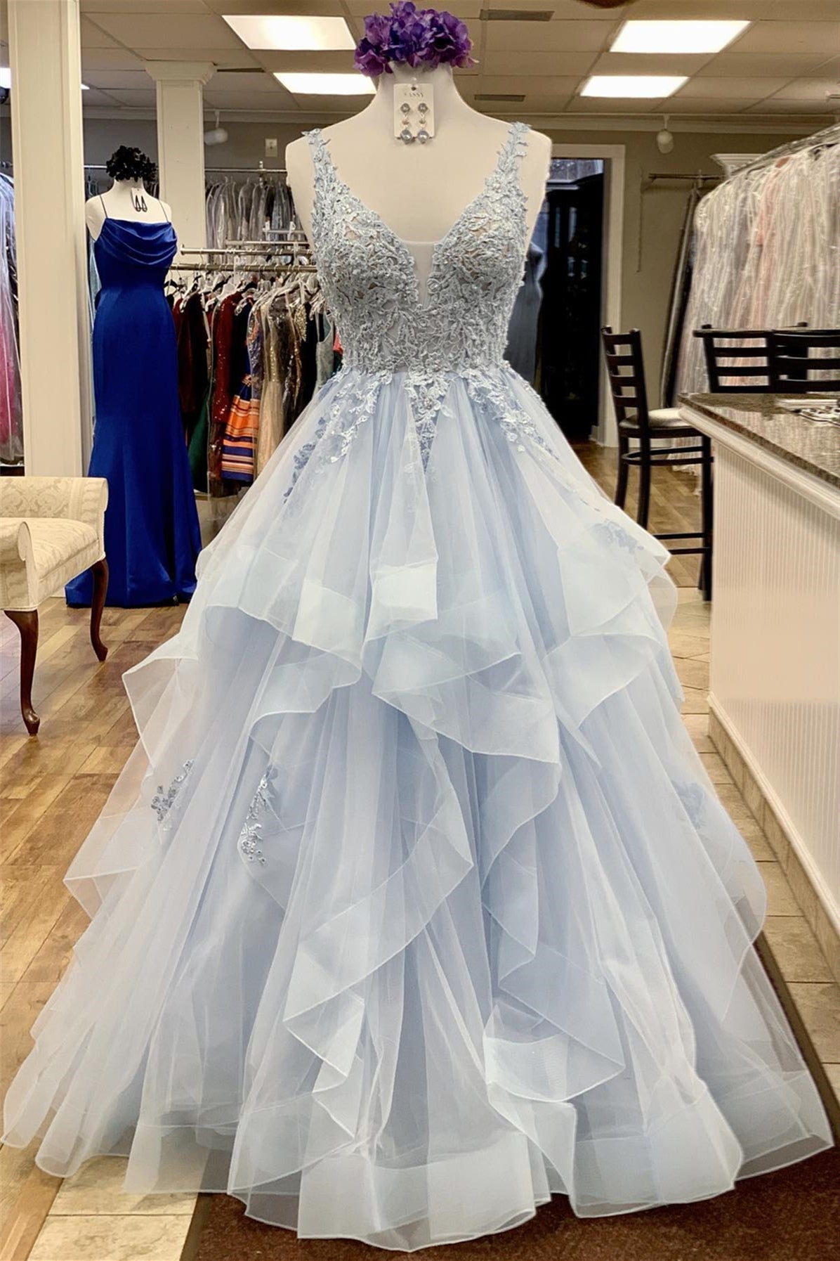 A-line Light Blue Lace  Prom Dress Tiered V Neck With Ruffles Sleeveless