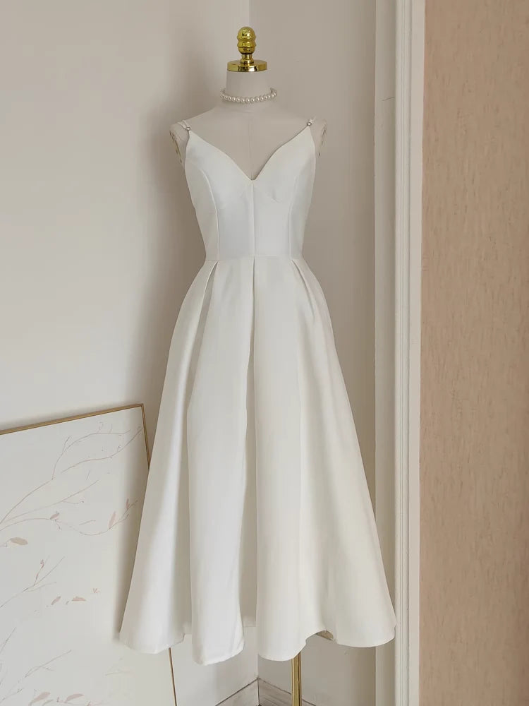 A line Little white Satin Guest Dress for Wedding Women Birthday Dresses Mychicdress
