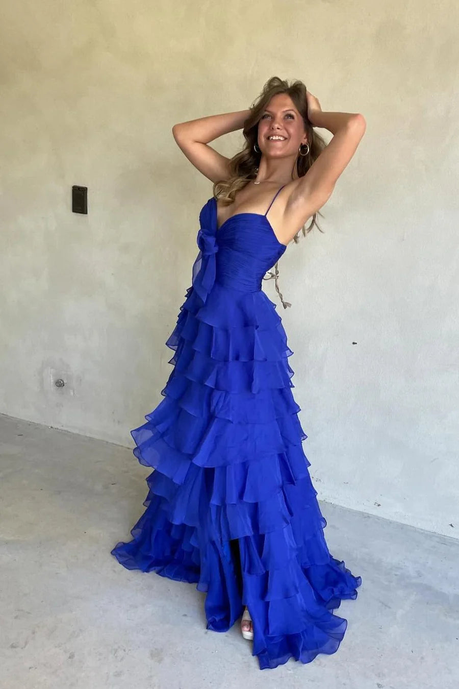 A-line Long Chiffon Tiered Senior Prom Dress with Bow