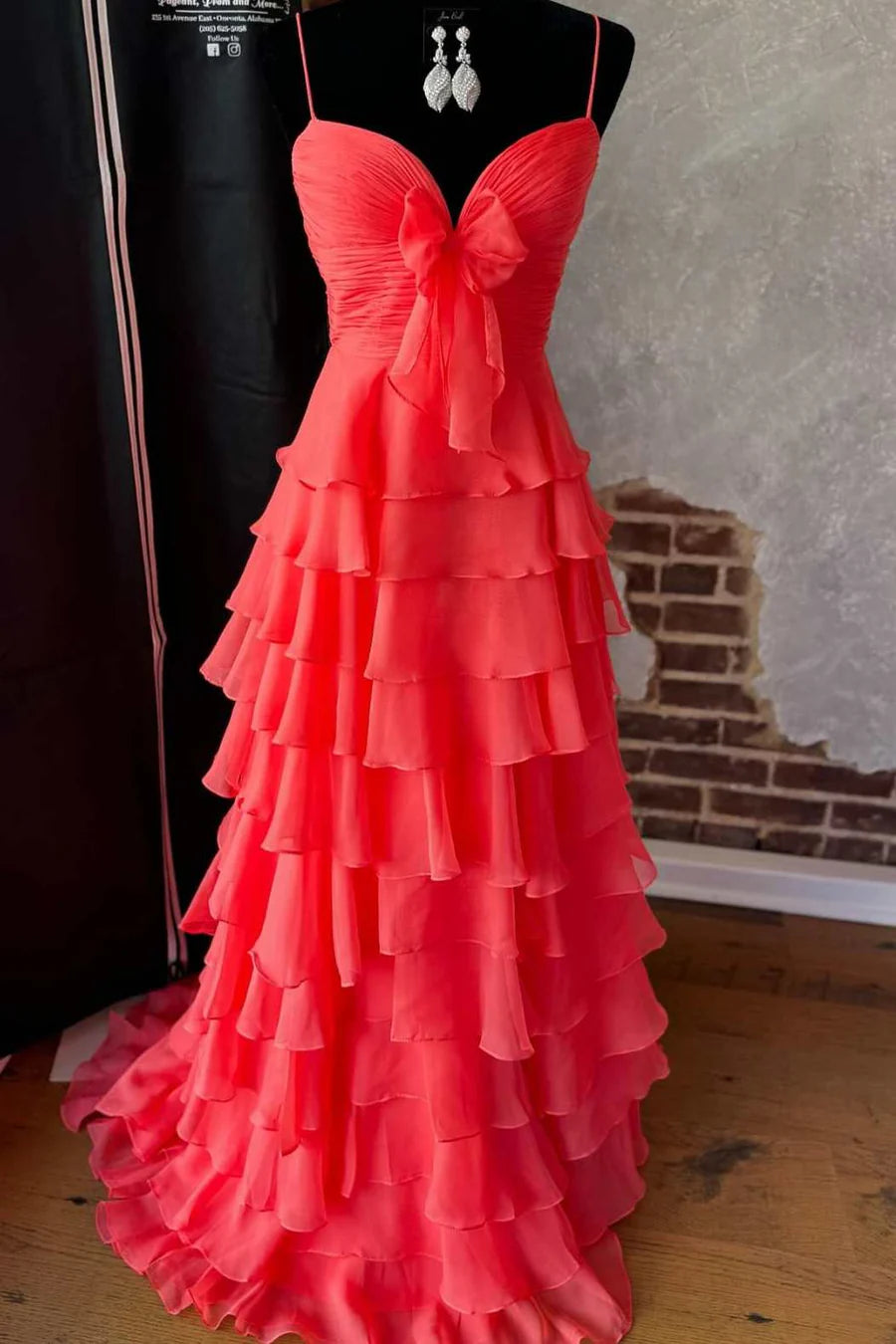 A-line Long Chiffon Tiered Senior Prom Dress coral with Bow Mychicdress