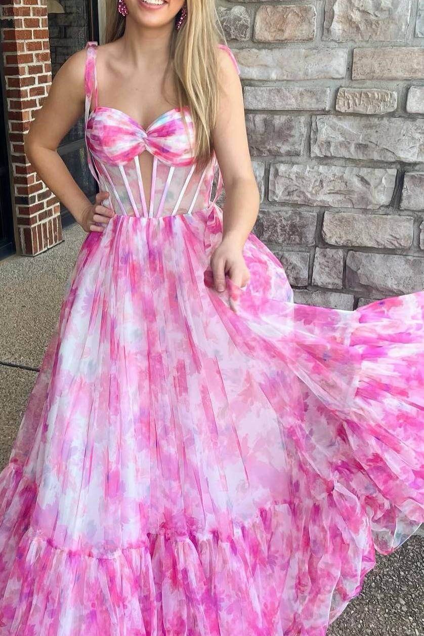 A Line Long Floral Printed Chiffon Prom Dresses Ruffled