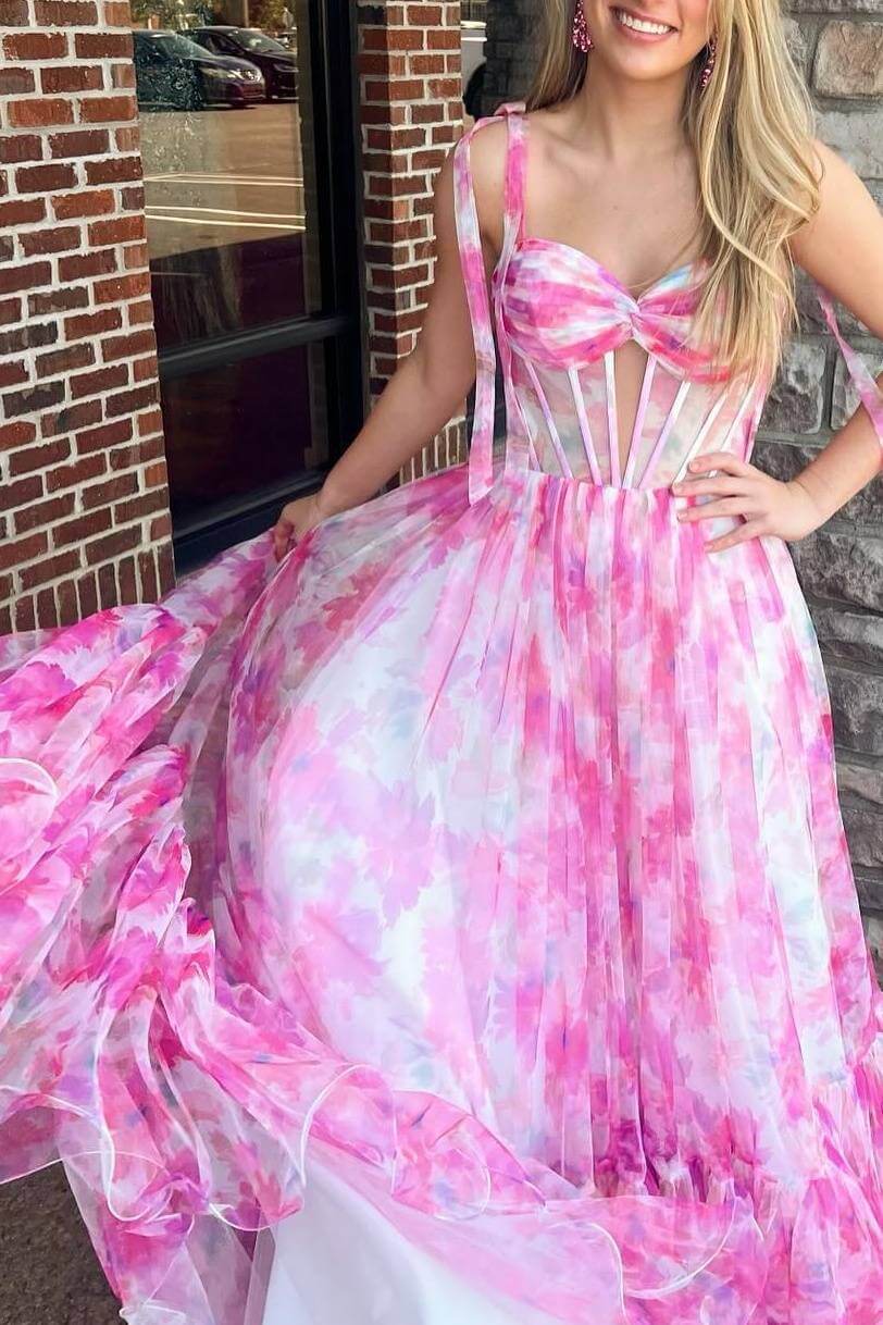 A Line Long Floral Printed Chiffon Prom Dresses Ruffled