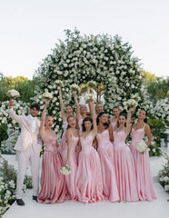 A-line Long Pink Bridesmaid Dress Lace Appliques Spaghetti Strap Mychicdress