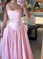 A-line Long Pink Bridesmaid Dress Lace Appliques Spaghetti Strap Mychicdress