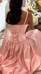 A-line Long Pink Bridesmaid Dress Lace Appliques Spaghetti Strap Mychicdress