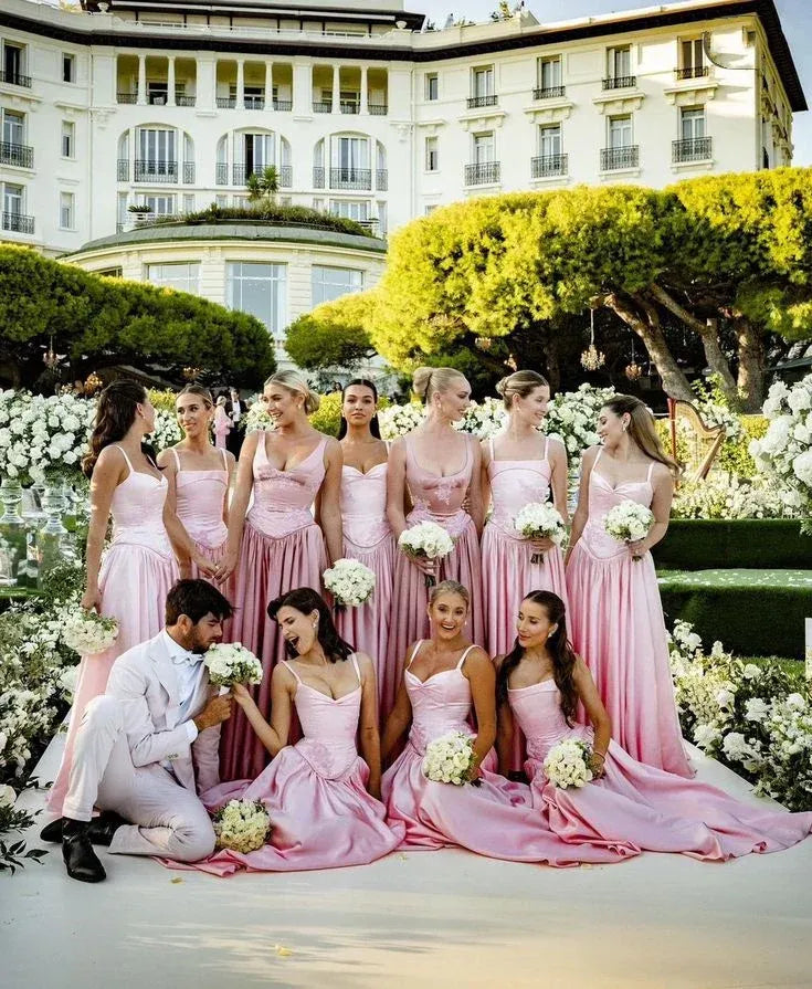 A-line Long Pink Bridesmaid Dress Lace Appliques Spaghetti Strap Mychicdress