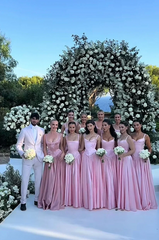 A-line Long Pink Bridesmaid Dress Lace Appliques Spaghetti Strap Mychicdress