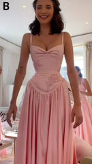 A-line Long Pink Bridesmaid Dress Lace Appliques Spaghetti Strap Mychicdress