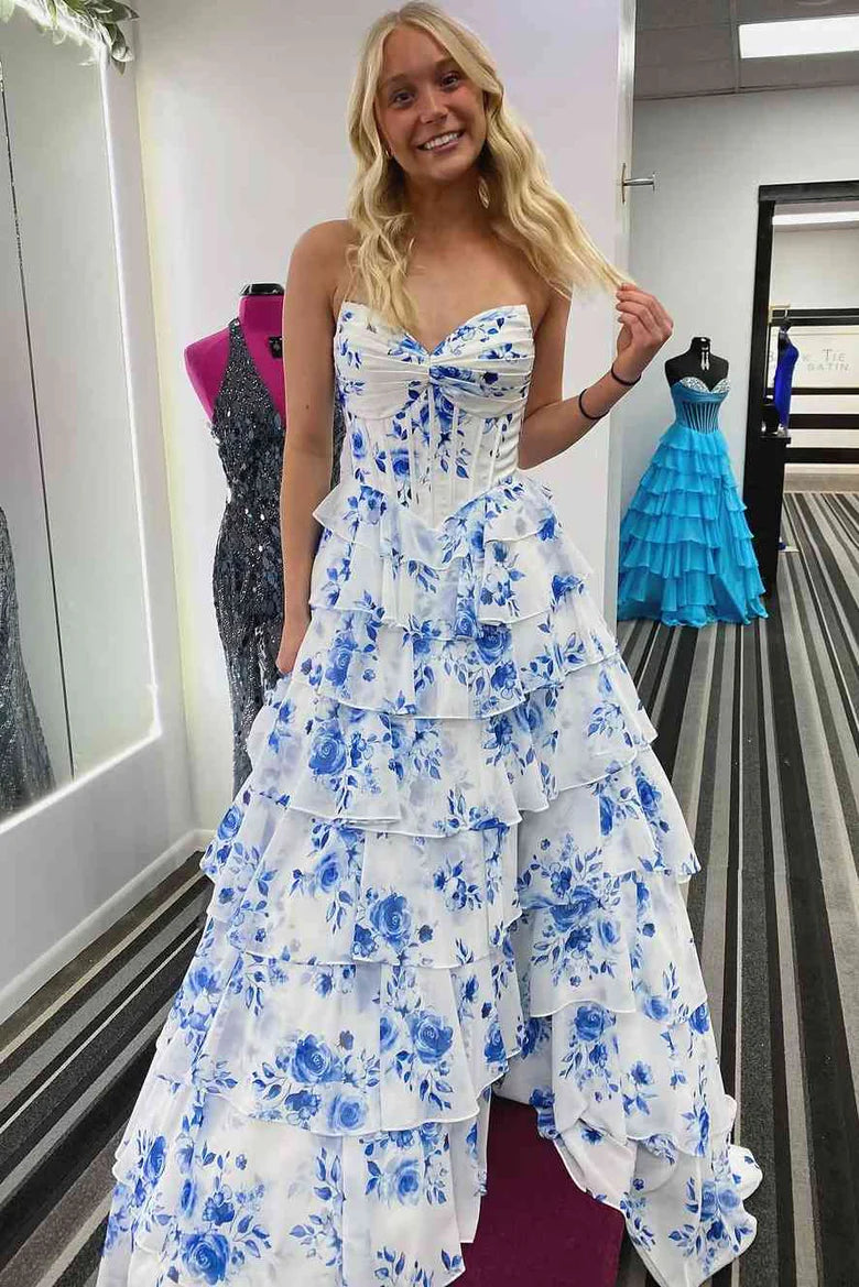 A-Line Long V-Neck Tiered Print Prom Dress Blue Strapless Mychicdress