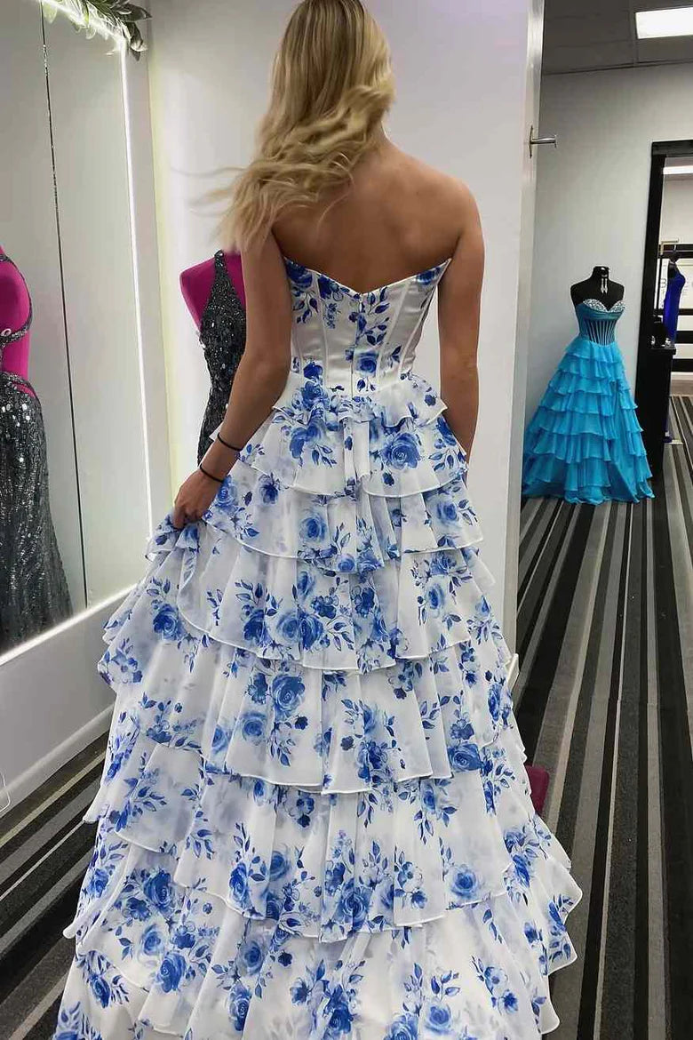 A-Line Long V-Neck Tiered Print Prom Dress Blue Strapless Mychicdress