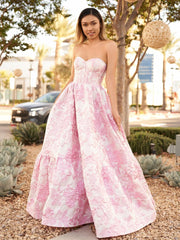 A-Line Pink Floral Prom Dresses Printed Long Evening Gown SStrapless Mychicdress