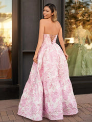A-Line Pink Floral Prom Dresses Printed Long Evening Gown SStrapless Mychicdress