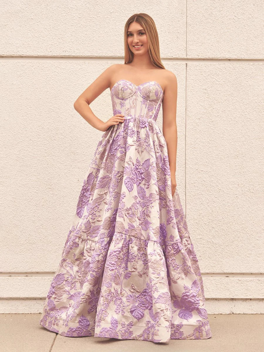 A-Line Lavender Floral Prom Dresses Printed Long Evening Gown SStrapless Mychicdress