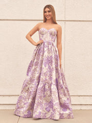 A-Line Lavender Floral Prom Dresses Printed Long Evening Gown SStrapless Mychicdress